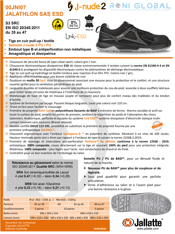 Chaussure basse de sécurité antidérapant et antistatique en cuir avec embout de sécurité ESD S3 SRC - JALATHLON JALLATTE