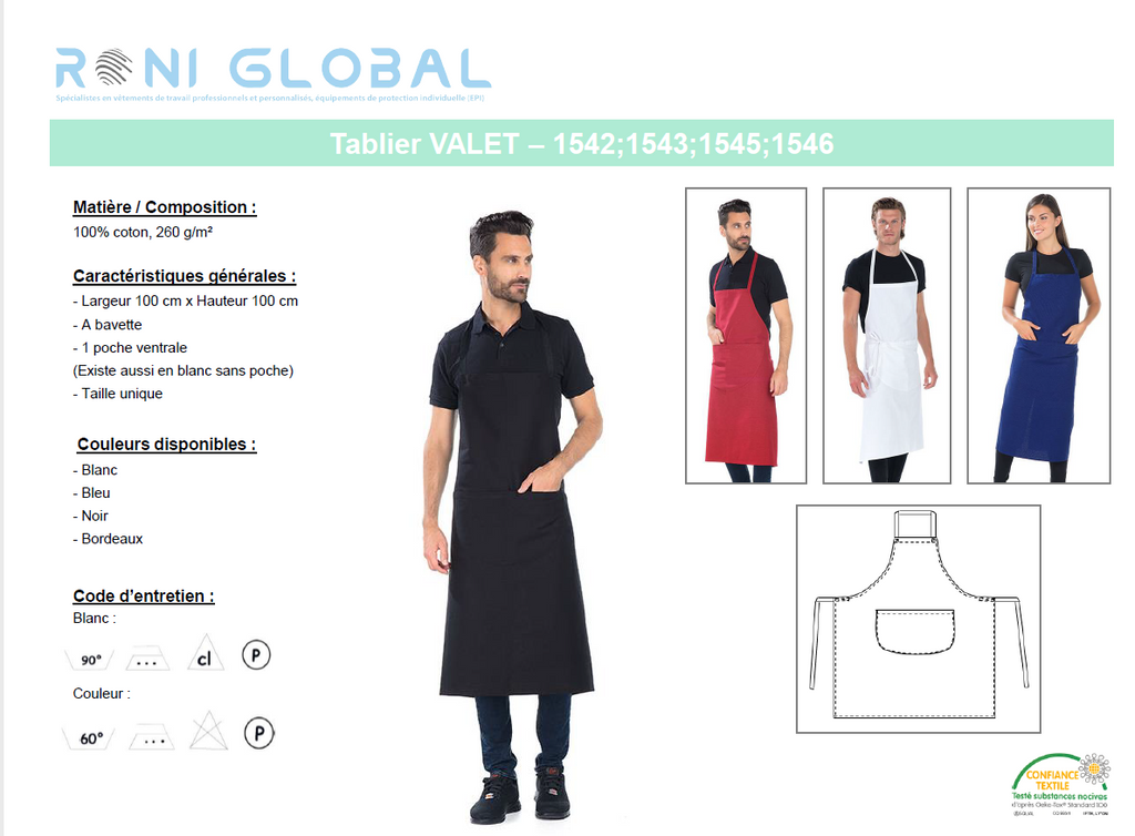 Tablier de service à bavette en coton avec ou sans poche - VALET REMI CONFECTION