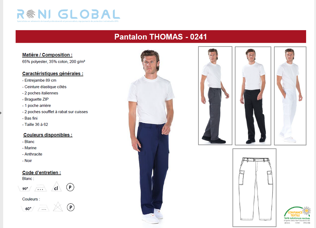 Pantalon de travail homme en coton et polyester avec ceinture élastique côtés et 5 poches - THOMAS REMI CONFECTION