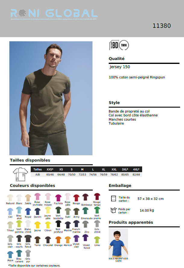 T-shirt de travail unisexe manches courtes, col rond, en jersey coton semi-peigné - REGENT SOL'S