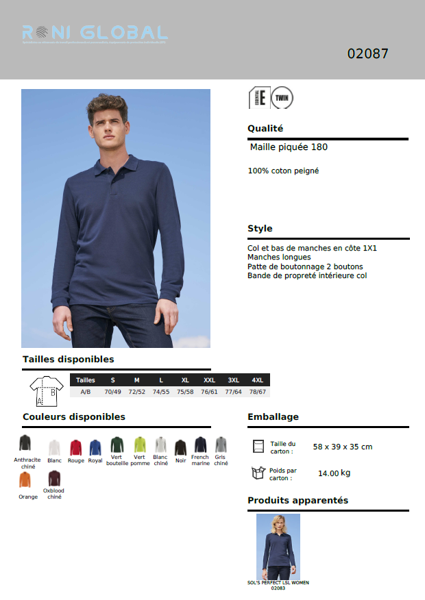 Polo de travail homme manches longues, coupe ajustée, en maille piquée coton peigné - PERFECT LSL SOL'S