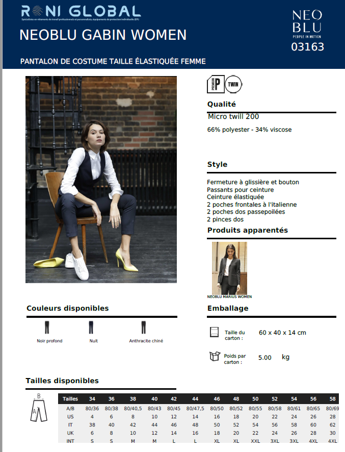 Pantalon de travail femme taille élastiquée, en polyester/viscose 4 poches - NEOBLU GABIN SOL'S