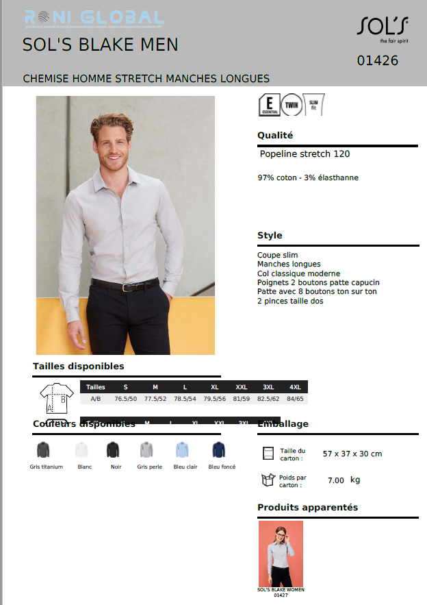 Chemise de travail homme manches longues, coupe slim, stretch, en popeline coton/élasthanne - BLAKE SOL'S