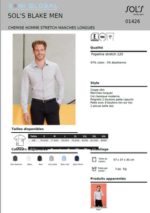 Chemise de travail homme manches longues, coupe slim, stretch, en popeline coton/élasthanne - BLAKE SOL'S