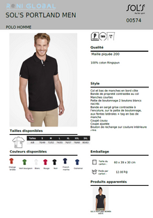 Polo de travail homme manches courtes, coupe ajustée, en maille piquée coton - PORTLAND SOL'S
