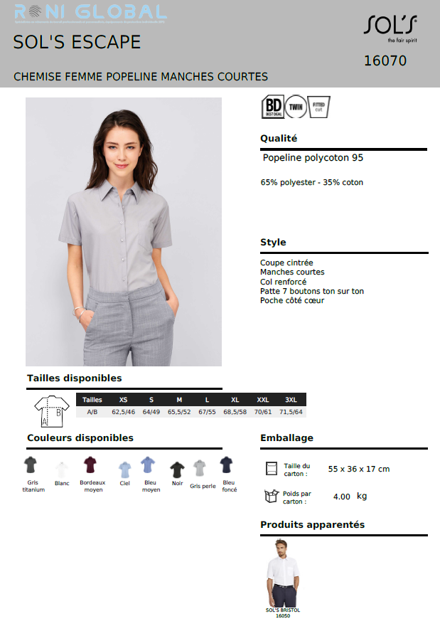 Chemise de travail femme manches courtes, coupe cintrée, en popeline polyester/coton 1 poche - ESCAPE SOL'S
