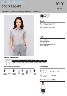 Chemise de travail femme manches courtes, coupe cintrée, en popeline polyester/coton 1 poche - ESCAPE SOL'S