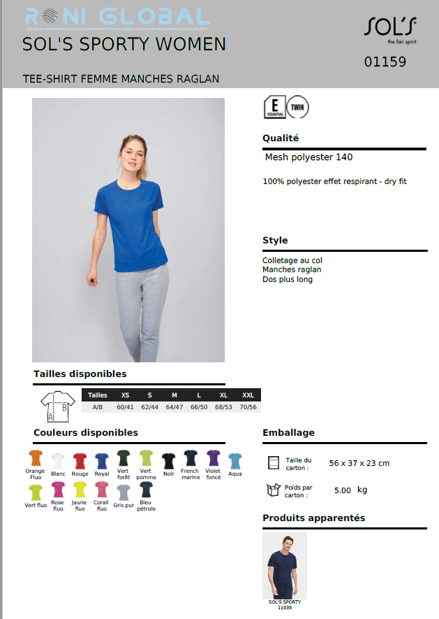 T-shirt de travail femme manches raglan, en mesh polyester effet respirant - SPORTY SOL'S