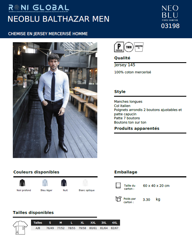 Chemise de travail homme manches longues, coupe ajustée, en jersey coton - NEOBLU BALTHAZAR SOL'S