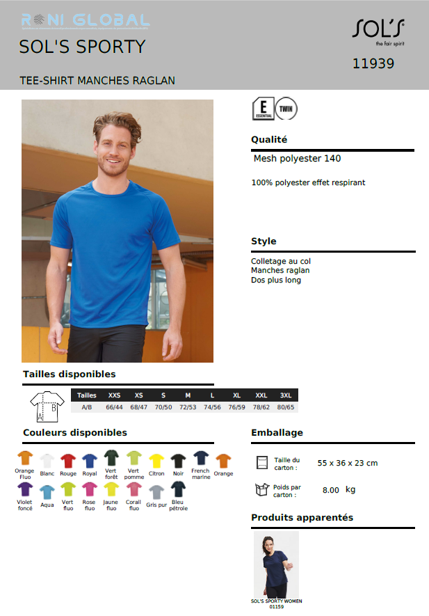 T-shirt de travail homme manches raglan, en mesh polyester effet respirant - SPORTY SOL'S