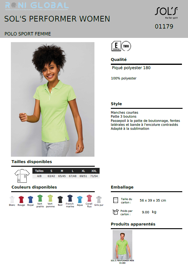 Polo de travail femme sport manches courtes, en piqué polyester - PERFORMER SOL'S