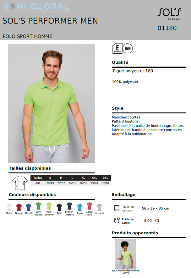 Polo de travail homme sport manches courtes, en piqué polyester - PERFORMER SOL'S