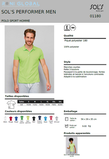 Polo de travail homme sport manches courtes, en piqué polyester - PERFORMER SOL'S