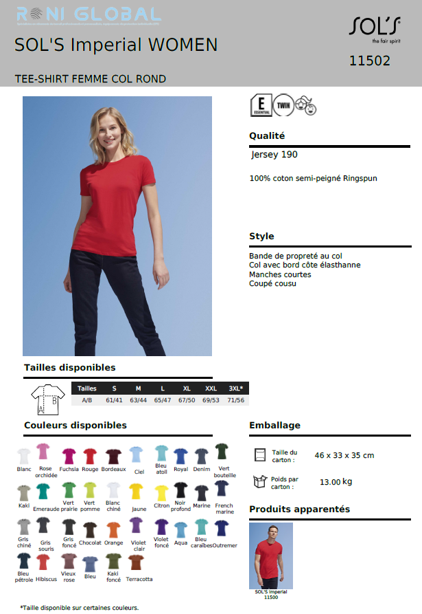T-shirt de travail femme manches courtes, col rond, en jersey coton semi-peigné - IMPERIAL SOL'S
