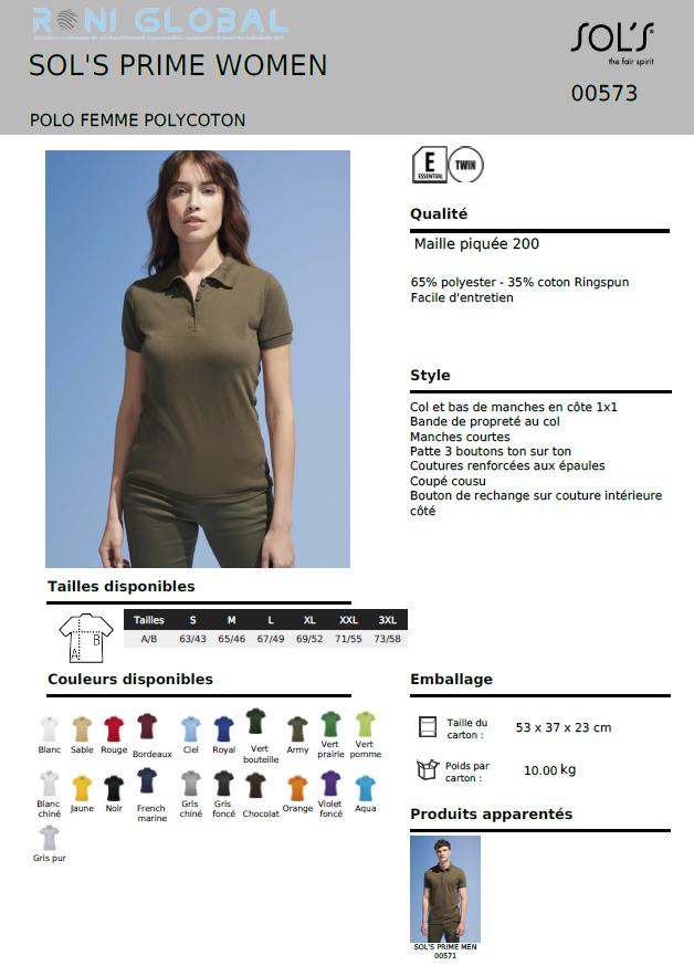 Polo de travail femme manches courtes, en maille piquée coton/polyester - PRIME SOL'S