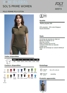 Polo de travail femme manches courtes, en maille piquée coton/polyester - PRIME SOL'S