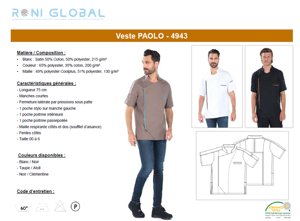 Veste de cuisine homme manches courtes en coton/polyester 3 poches - PAOLO REMI CONFECTION