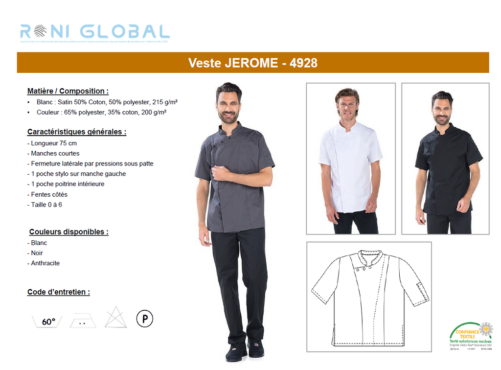 Veste de cuisine homme manches courtes en coton/polyester 2 poches - JEROME REMI CONFECTION