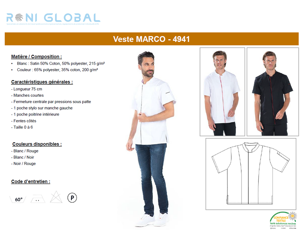 Veste de cuisine homme manches courtes en coton/polyester 2 poches - MARCO REMI CONFECTION