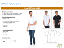 Veste de cuisine homme manches courtes en coton/polyester 2 poches - MARCO REMI CONFECTION