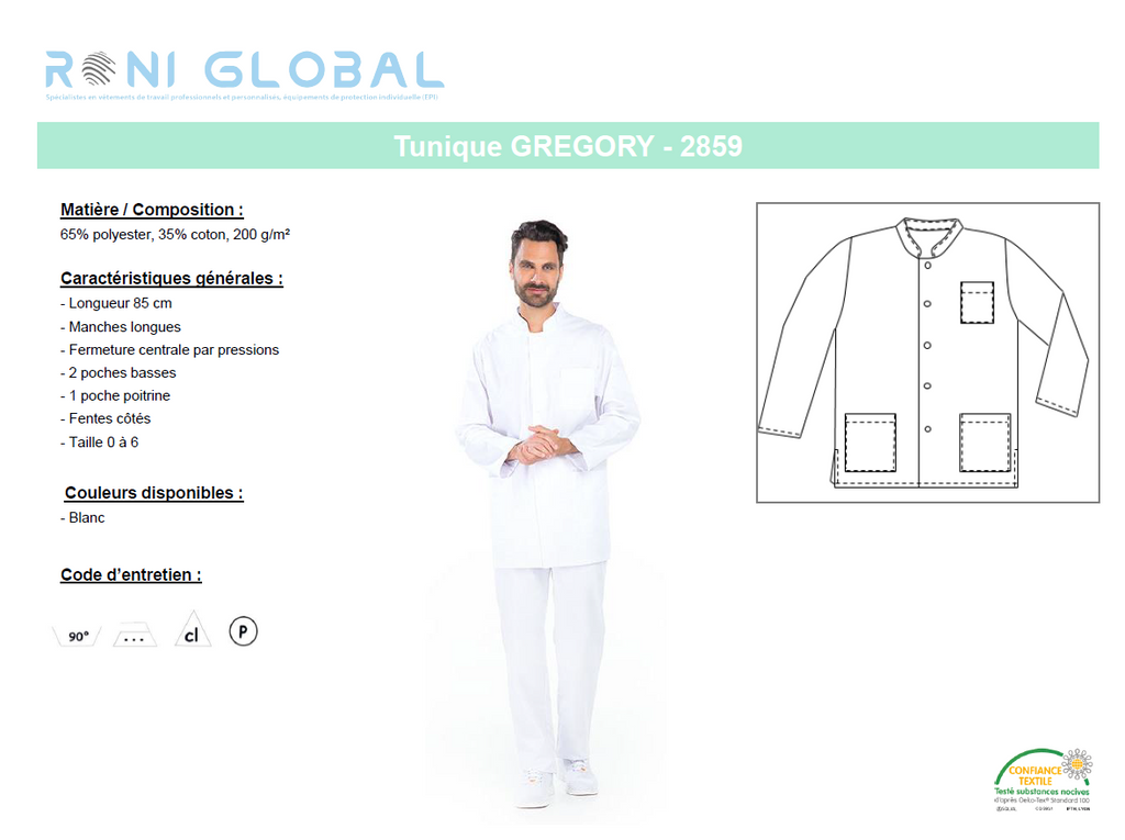 Tunique de travail homme manches longues en coton/polyester blanche 3 poches - GREGORY REMI CONFECTION