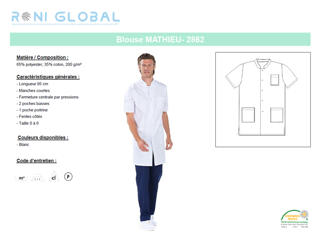 Blouse longue de travail homme blanche manches courtes en coton/polyester 3 poches - MATHIEU REMI CONFECTION