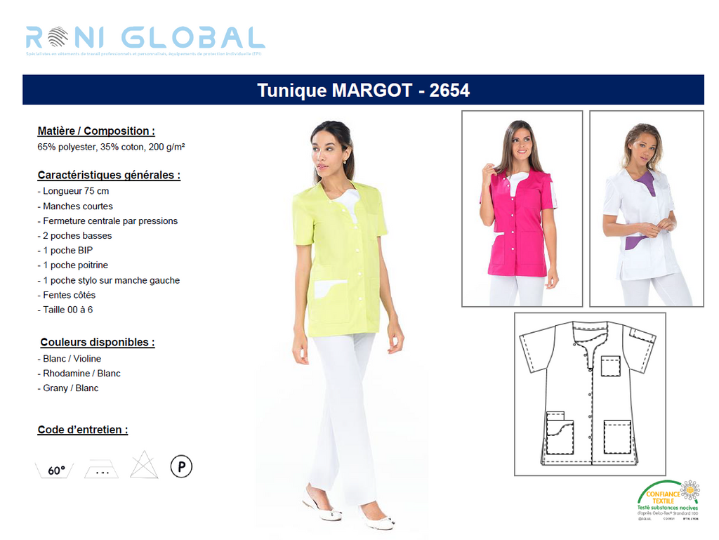 Tunique de travail femme manches courtes en coton et polyester 5 poches - MARGOT REMI CONFECTION