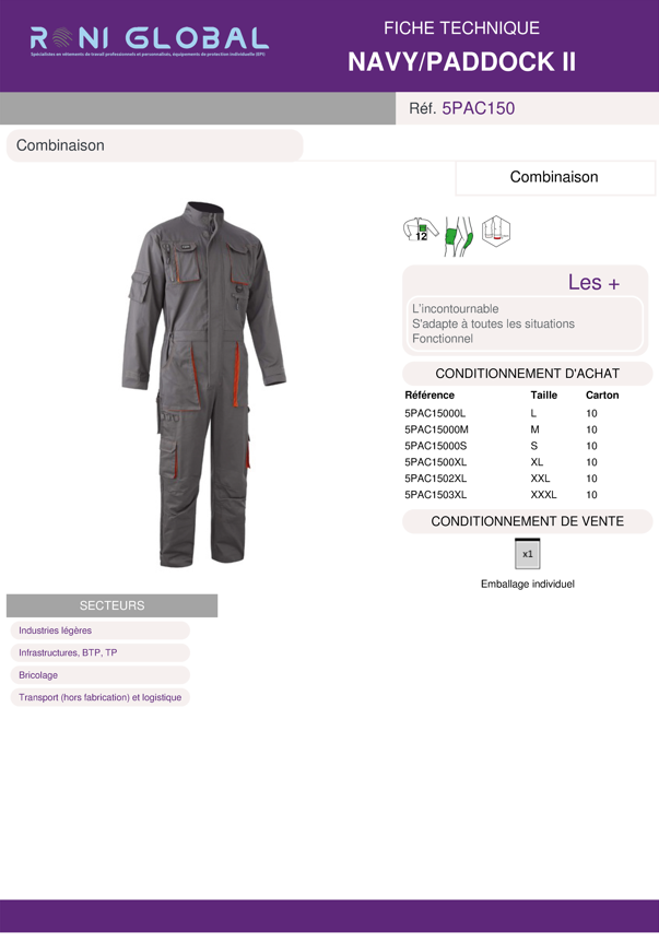Combinaison de travail avec protection genoux en coton/polyester 12 poches - NAVY/PADDOCK II COVERGUARD