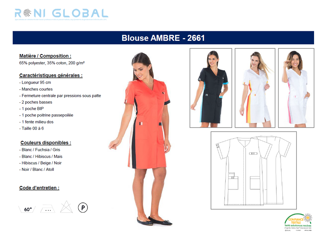Blouse de travail femme manches courtes en coton/polyester 4 poches - AMBRE REMI CONFECTION