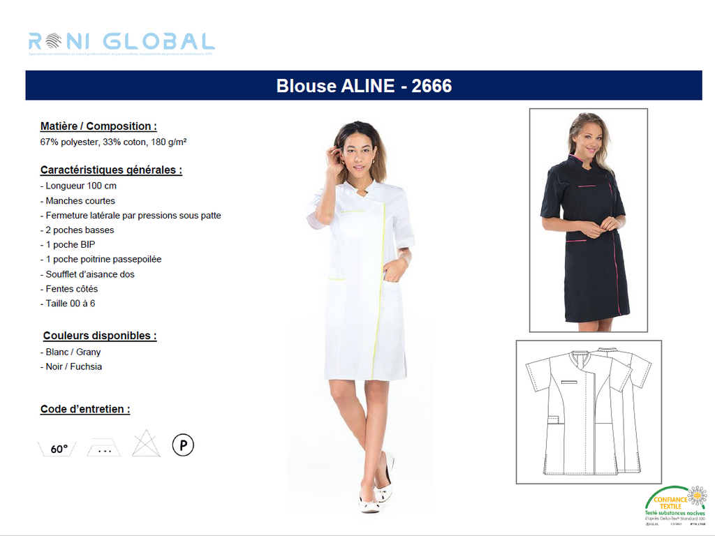 Blouse de travail femme manches courtes en coton/polyester 4 poches - ALINE REMI CONFECTION