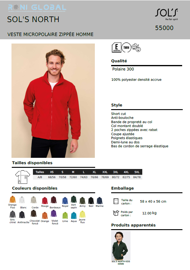 Veste de travail homme micro polaire, anti-bouloche, coupe ajustée, en polyester 2 poches - NORTH SOL'S
