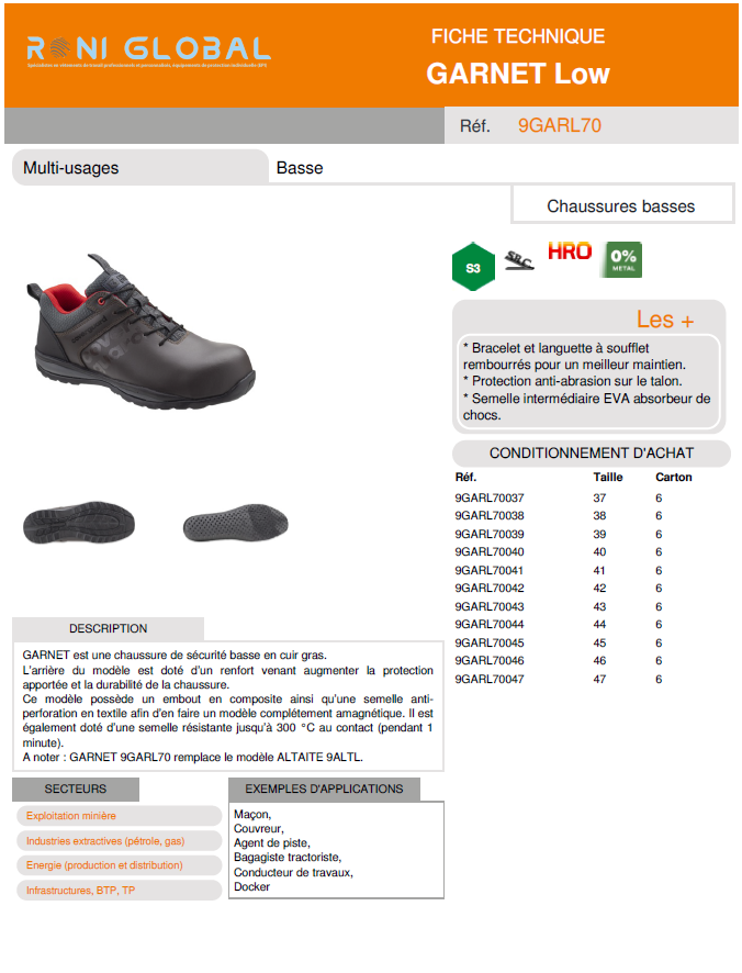 Chaussure basse de sécurité en cuir gras marron anti-chaleur antidérapant S3 HRO SRC - GARNET COVERGUARD