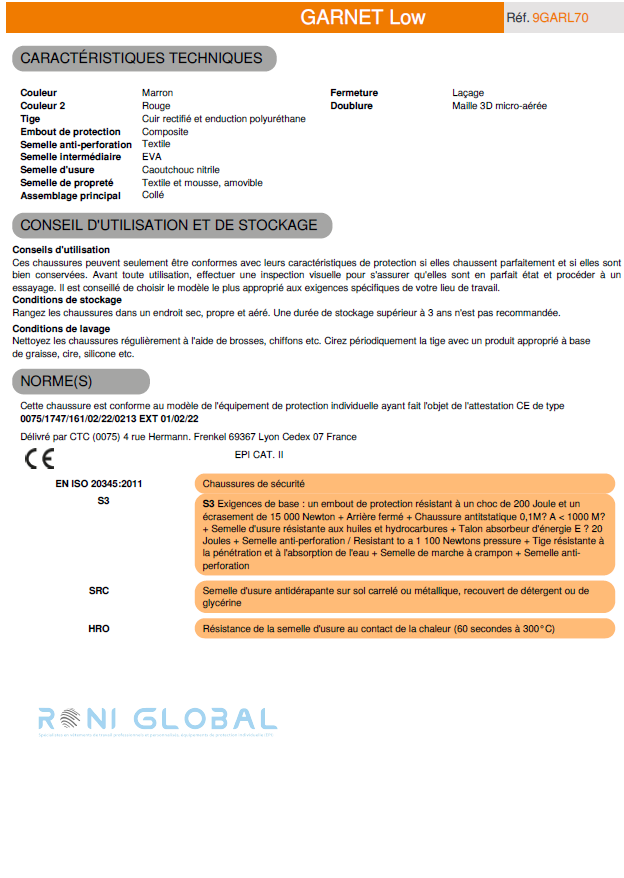 Chaussure basse de sécurité en cuir gras marron anti-chaleur antidérapant S3 HRO SRC - GARNET COVERGUARD