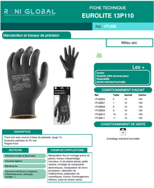 Gant de protection milieu sec en polyester enduit au PU contre les risques mécaniques manutention et précision - EUROLITE 13P110 COVERGUARD (boîte de 10 paires)