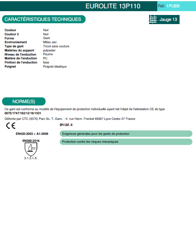 Gant de protection milieu sec en polyester enduit au PU contre les risques mécaniques manutention et précision - EUROLITE 13P110 COVERGUARD (boîte de 10 paires)