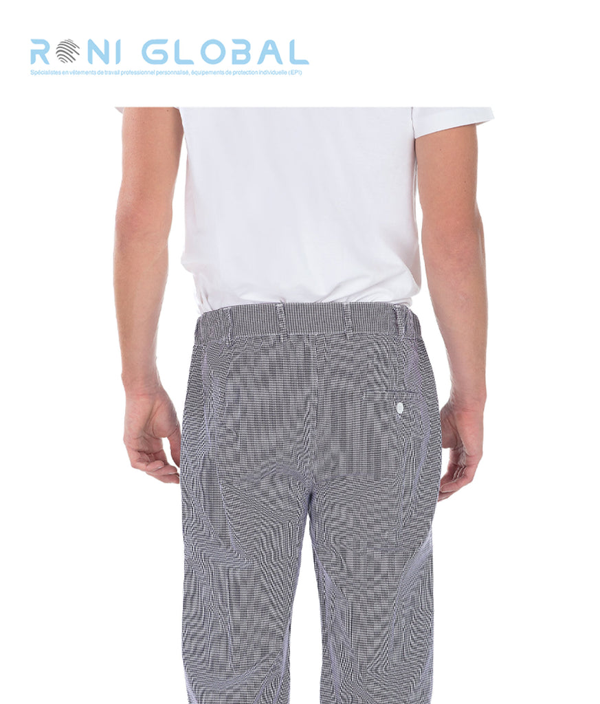 Pantalon de cuisine pied de poule marine et blanc homme en coton 3 poches - ERIC REMI CONFECTION