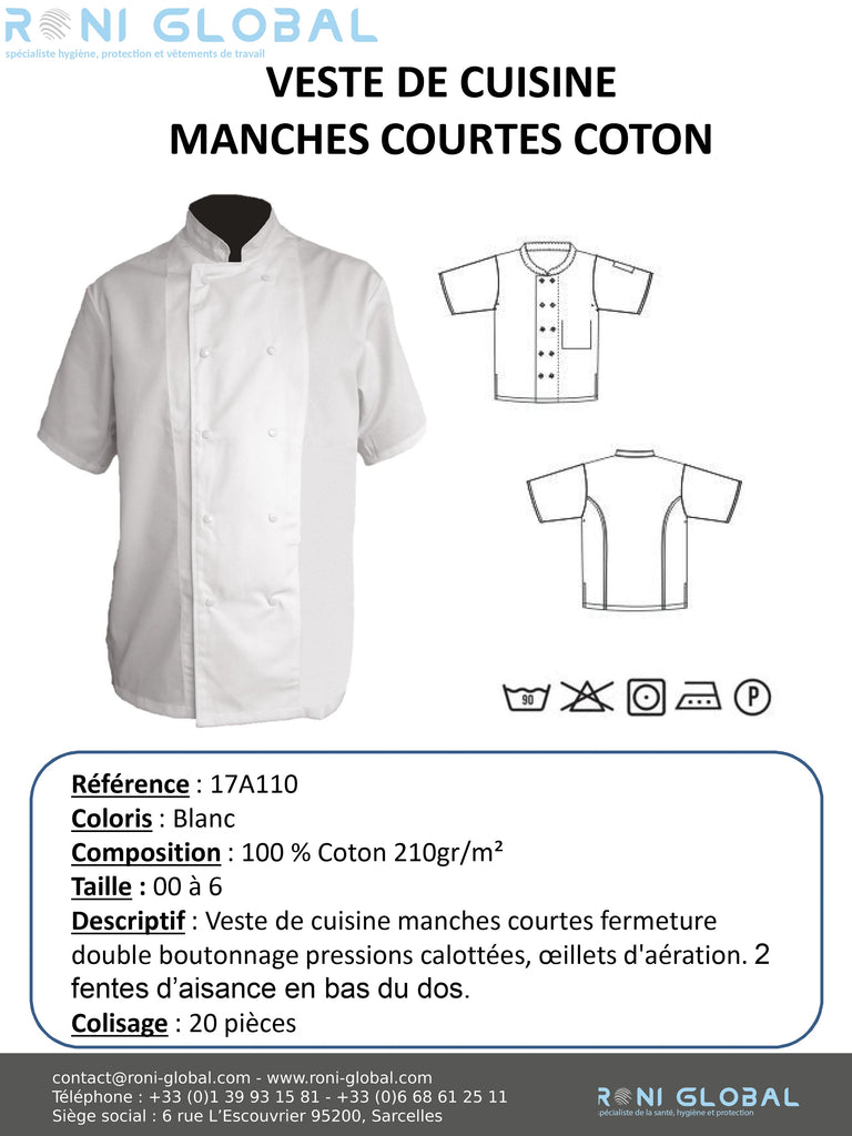 Veste de cuisine blanche manches courtes, en coton 2 poches - VESTE DE CUISINE MC COTON BLANC PBV