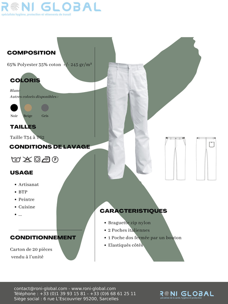Pantalon de travail blanc unisexe en coton/polyester 3 poches - PANTALON P/C BLANC ELASTIQUE PBV