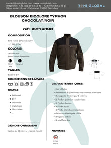 Blouson de travail chocolat homme, manches longues, en coton/polyester sans métal et 6 poches - BLOUSON DENNIS CHOCOLAT/NOIR PBV