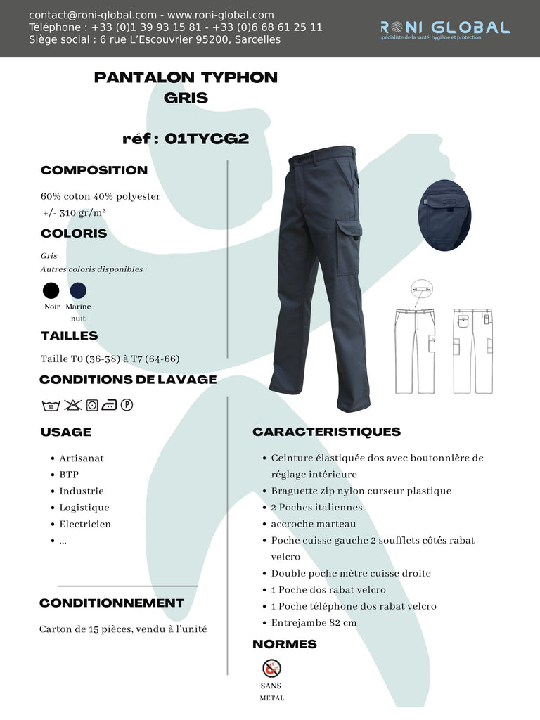 Pantalon de travail gris homme en coton/polyester sans métal 6 poches - PANTALON IGOR GRIS PBV