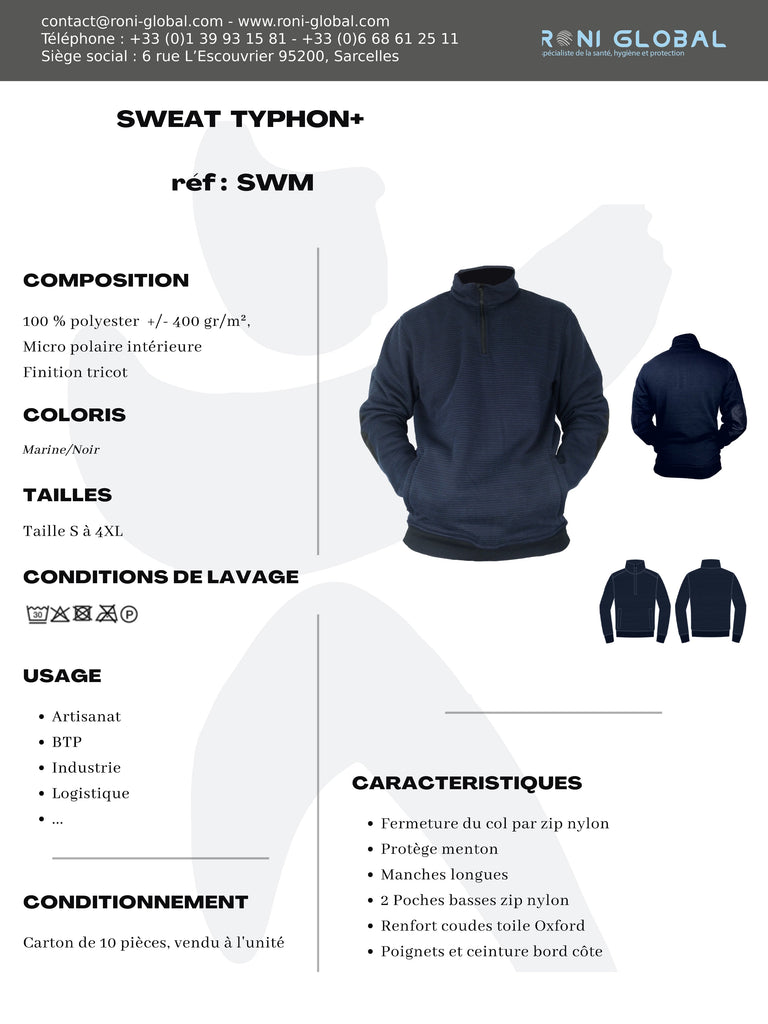 Sweat de travail marine manches longues, micro polaire en polyester 2 poches - SWEAT MARCO MARINE PBV