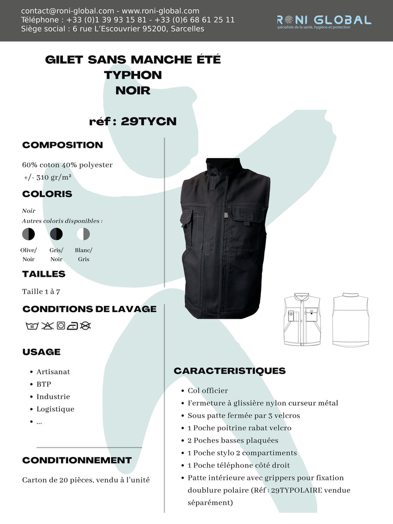 Gilet de travail gris en coton/polyester 5 poches - TYPHON MIKE PBV