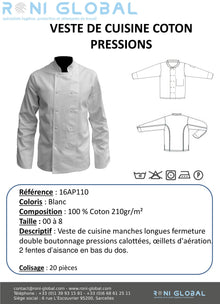 Veste de cuisine blanche manches longues, pressions calottées, en coton 2 poches - VESTE DE CUISINE COTON BLANC PRESSIONS PBV