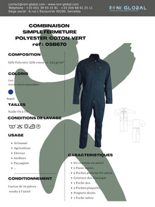 Combinaison de travail verte en polyester/coton 6 poches - COMBINAISON SF P/C VERT US PBV