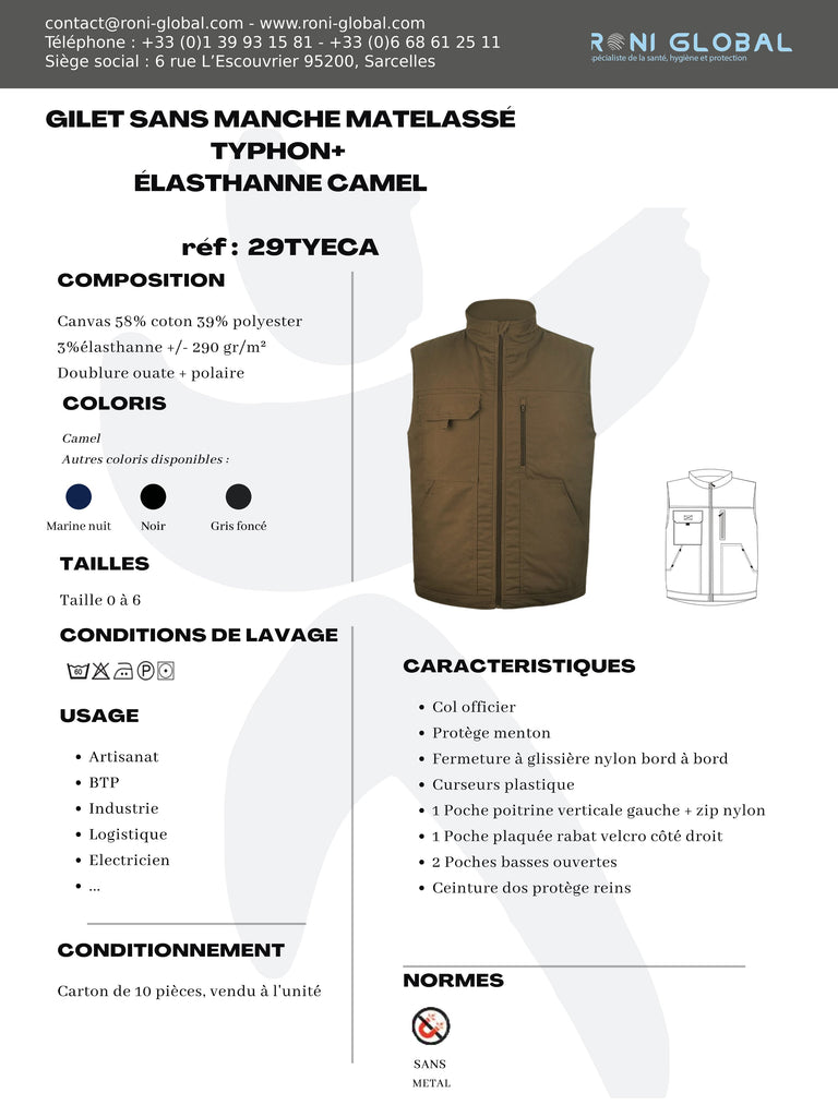 Gilet de travail polaire matelassé camel en coton/polyester/élasthanne 4 poches - TYPHON+ SAM PBV