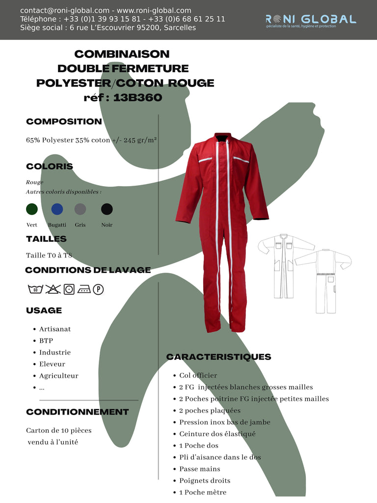 Combinaison de travail rouge à double fermeture en polyester/coton 6 poches - COMBINAISON DF P/C ROUGE PBV