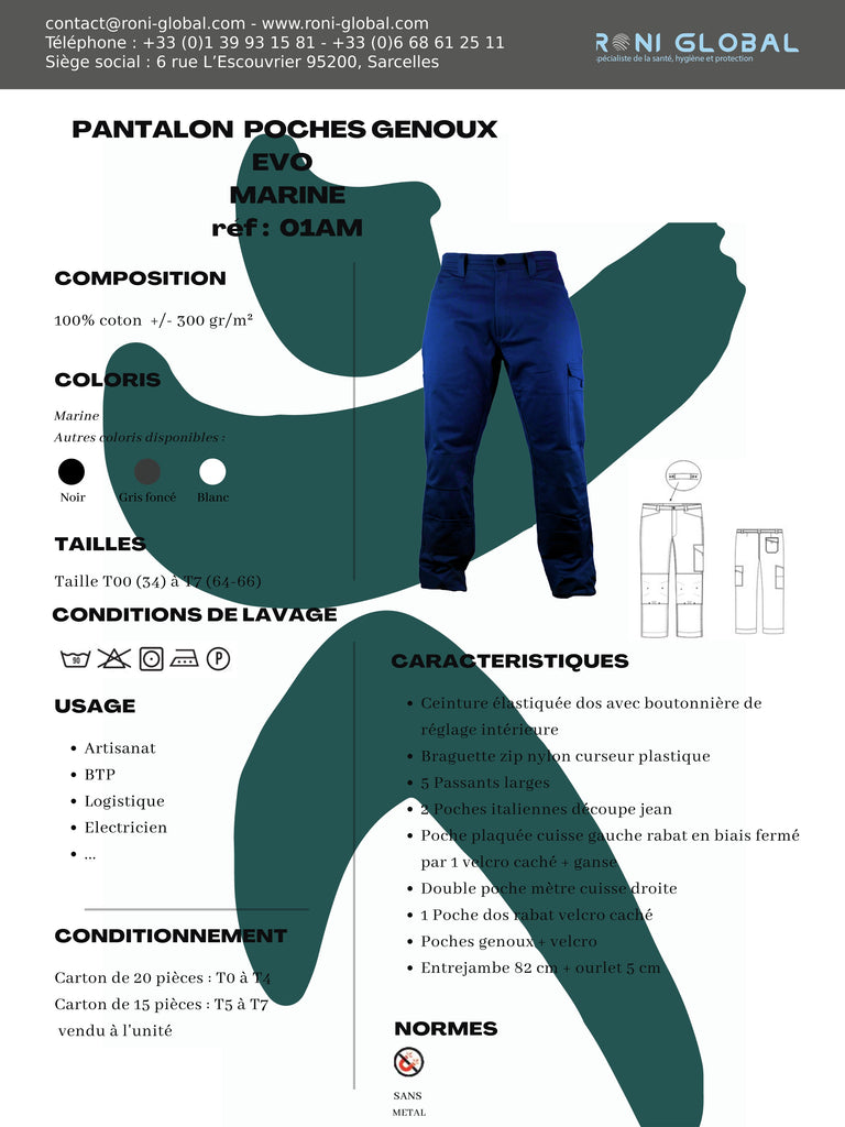 Pantalon de travail marine avec poches genoux, en coton sans métal et 5 poches - PANTALON PG EVO COTON MARINE PBV