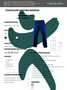 Pantalon de travail marine avec poches genoux, en coton sans métal et 5 poches - PANTALON PG EVO COTON MARINE PBV
