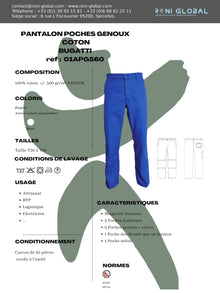 Pantalon de travail bugatti avec poches genoux, en coton sans métal et 4 poches - PANTALON COTON BUGATTI POCHES GENOUX PBV