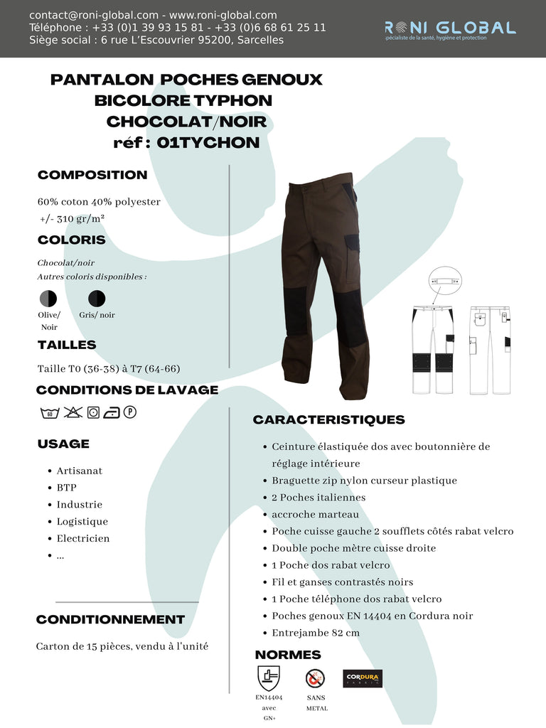 Pantalon de travail avec protection genoux, en coton/polyester sans métal et 6 poches - PANTALON PG LENNY CHOCOLAT PBV
